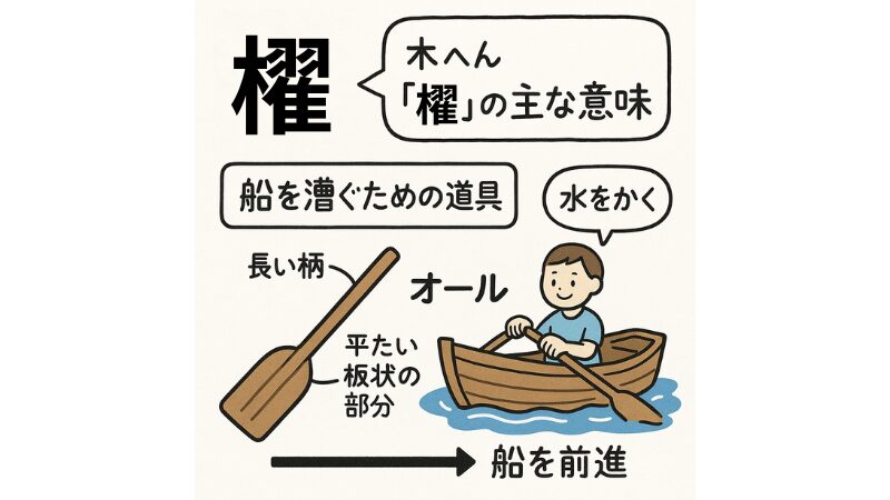 木製の長い柄の先端に平たい板状の部分がついた船を漕ぐ道具